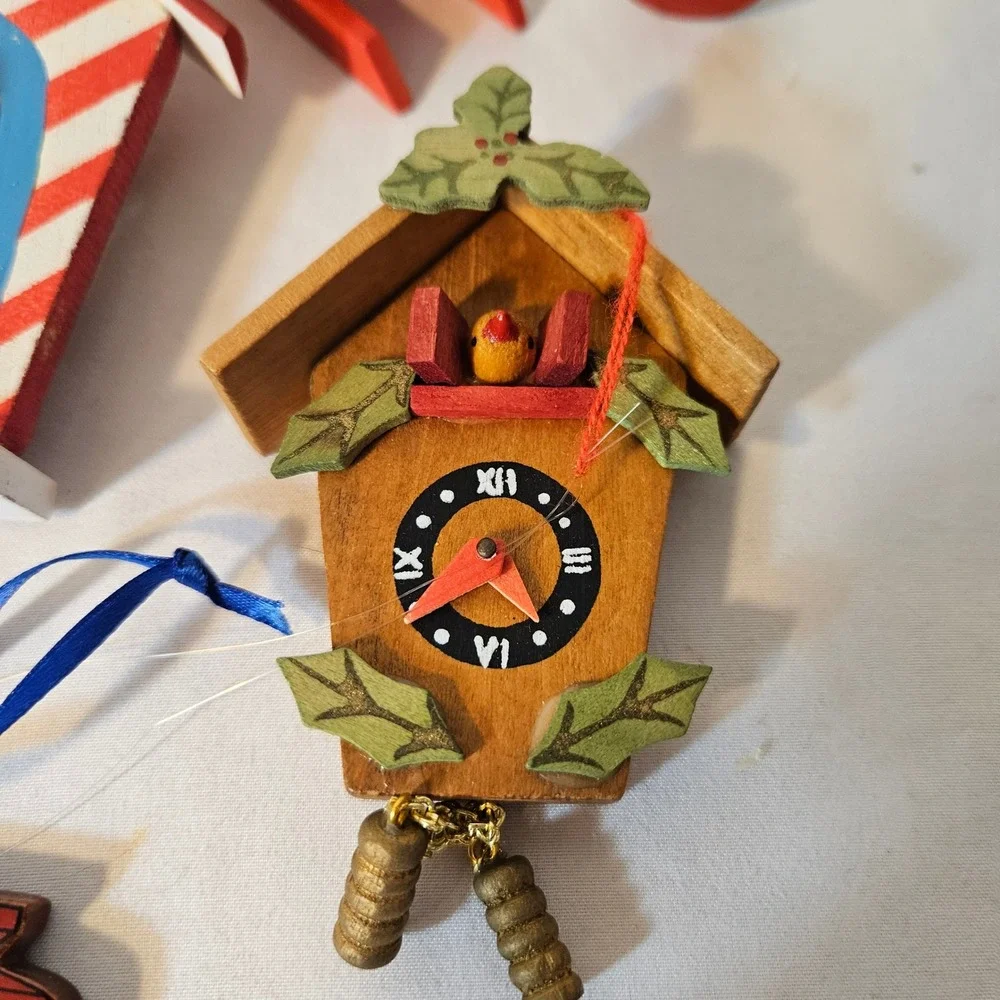 Vintage Wooden Christmas Ornaments Lot 10pc Rocking Horse Nutcracker Sled Taiwan